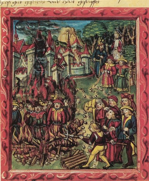 494px-Medieval_manuscript-Jews_identified_by_rouelle_are_being_burned_at_stake